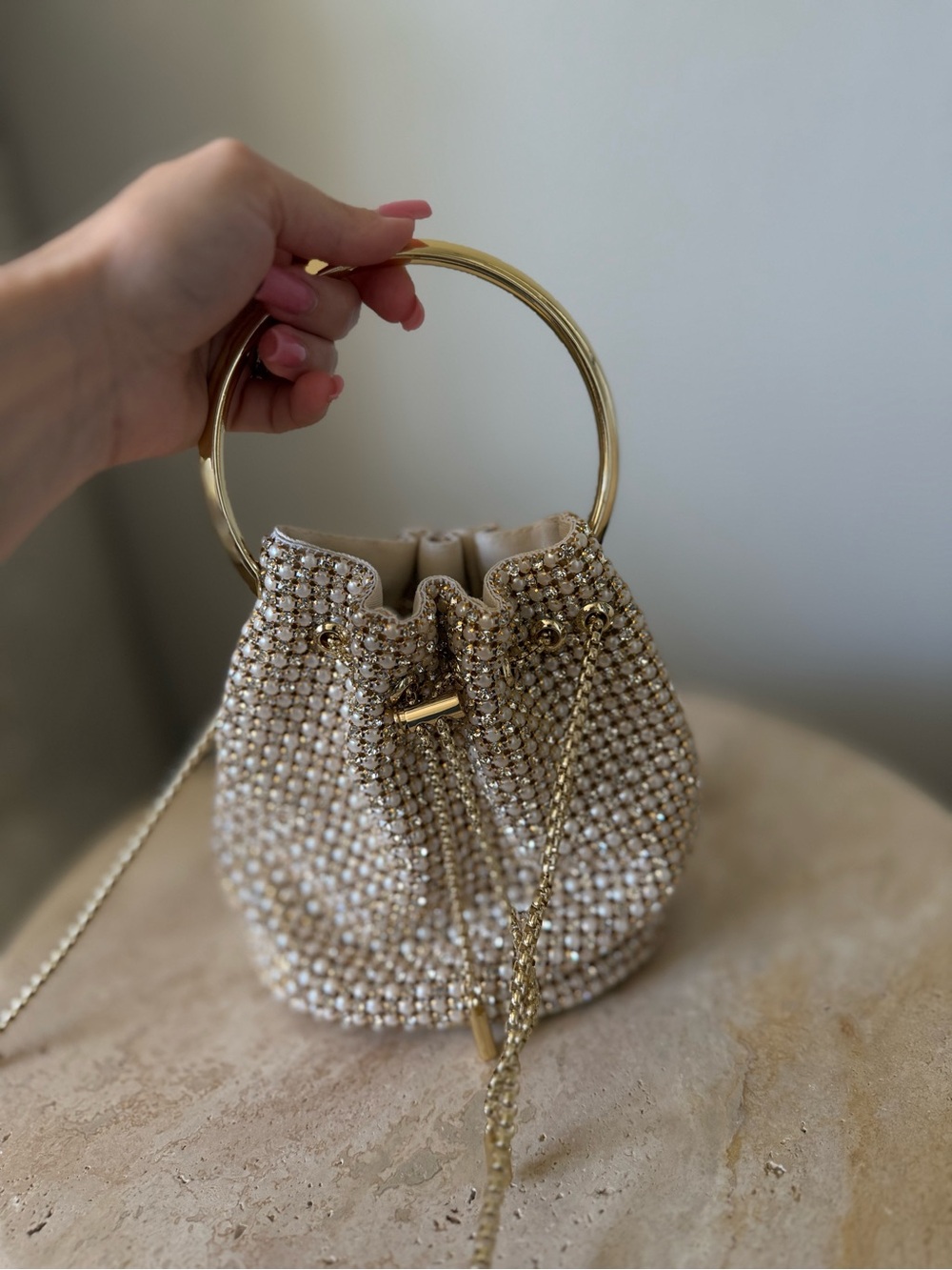 Madison West Pearl Rhinestone Bucket Bag Gold Handle Wedding Evening Bag - Picture 8 of 10